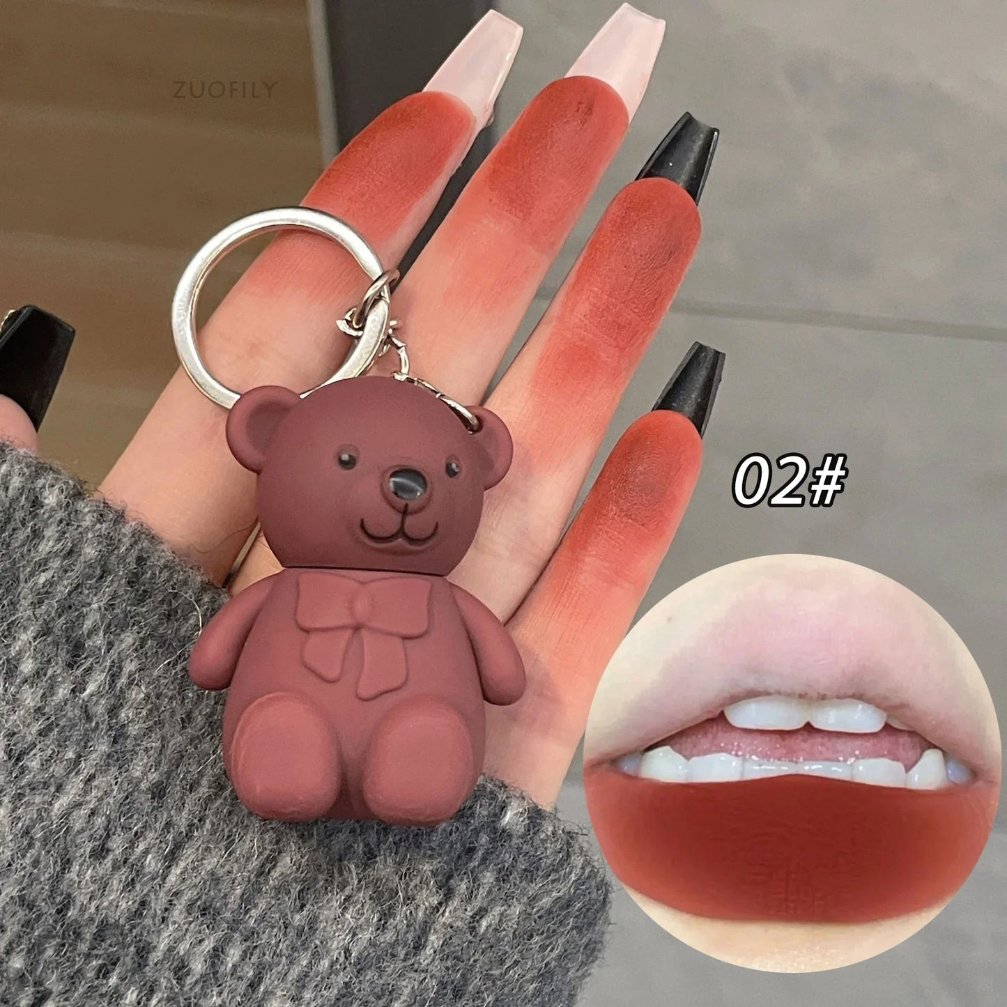 Cute Bear Keychain Matte Lip Mud – Velvet Lip Glaze, Long-Lasting Lip Tint for Women