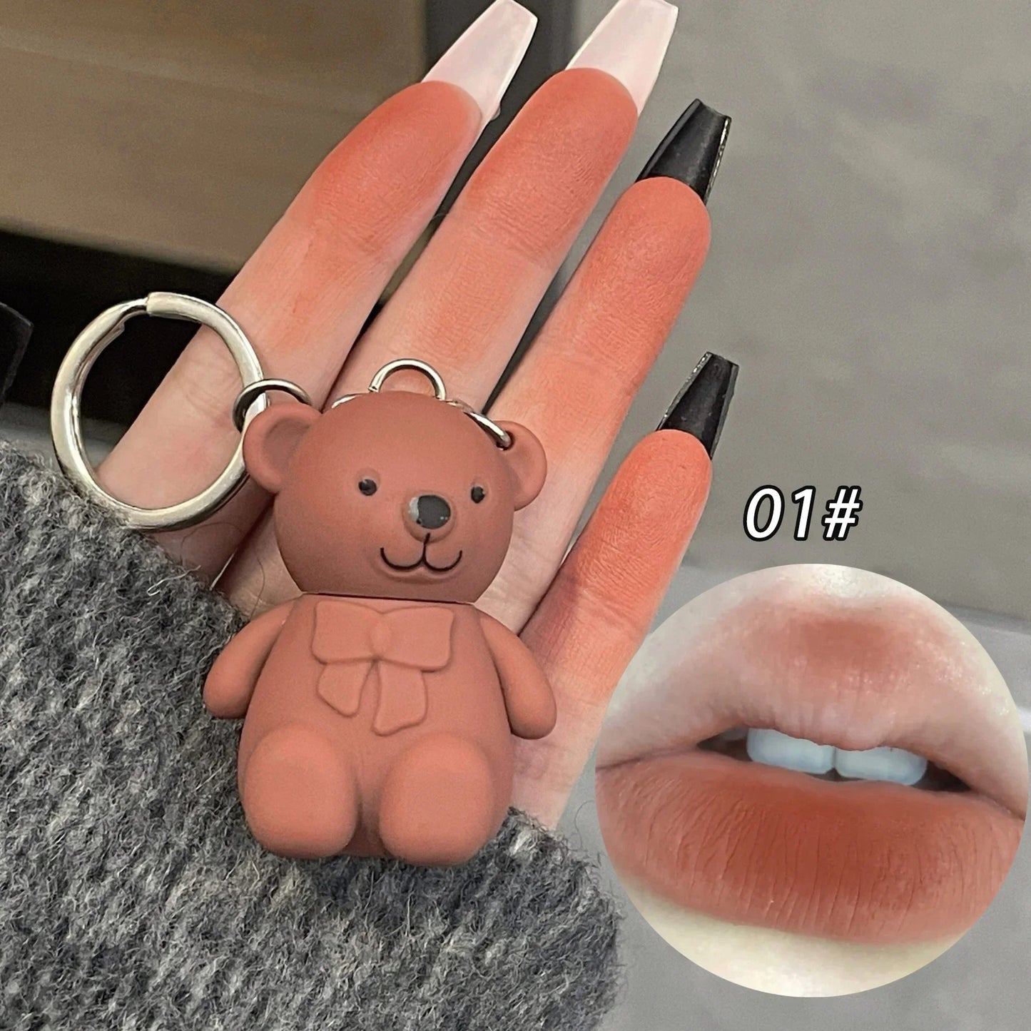 Cute Bear Keychain Matte Lip Mud – Velvet Lip Glaze, Long-Lasting Lip Tint for Women