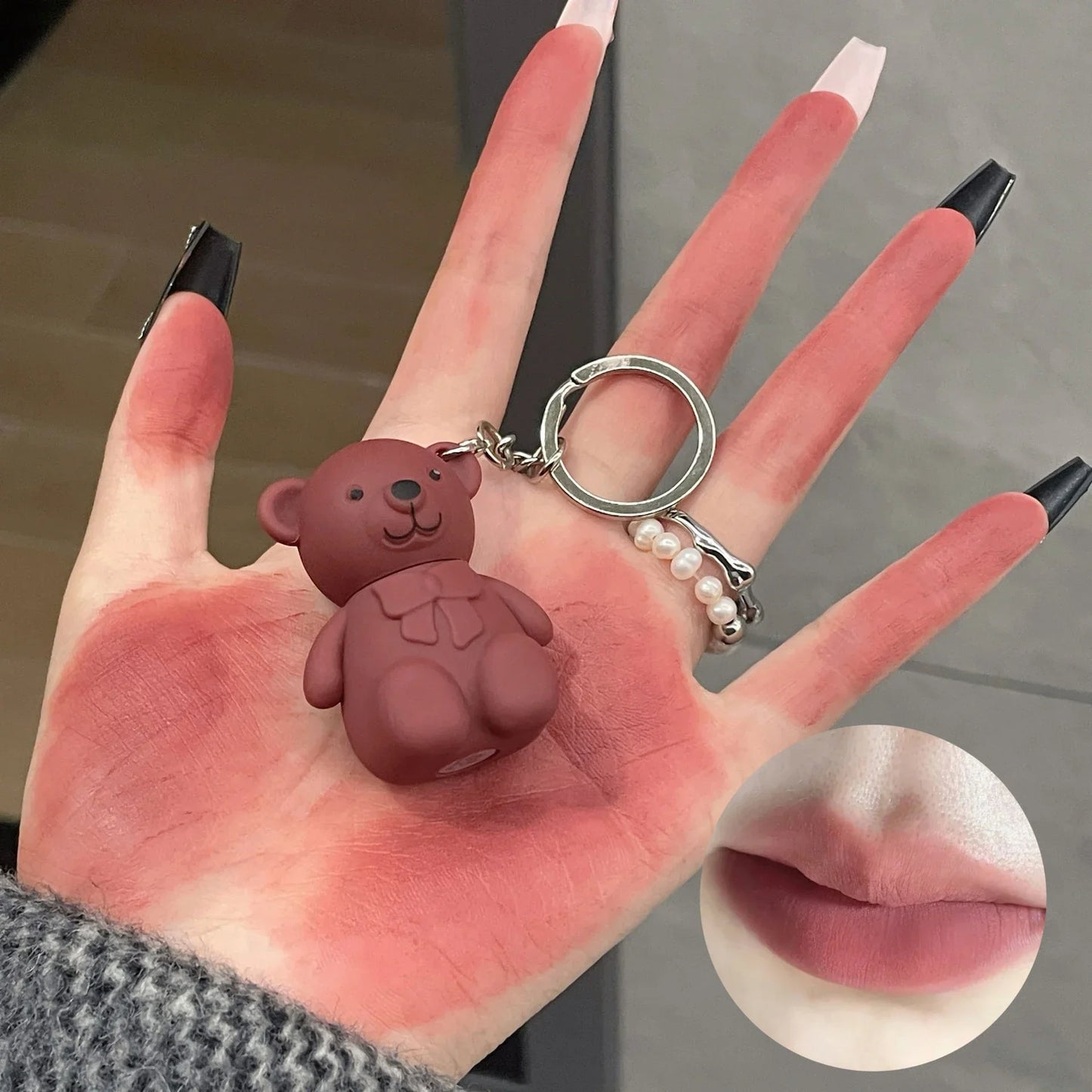 Cute Bear Keychain Matte Lip Mud – Velvet Lip Glaze, Long-Lasting Lip Tint for Women