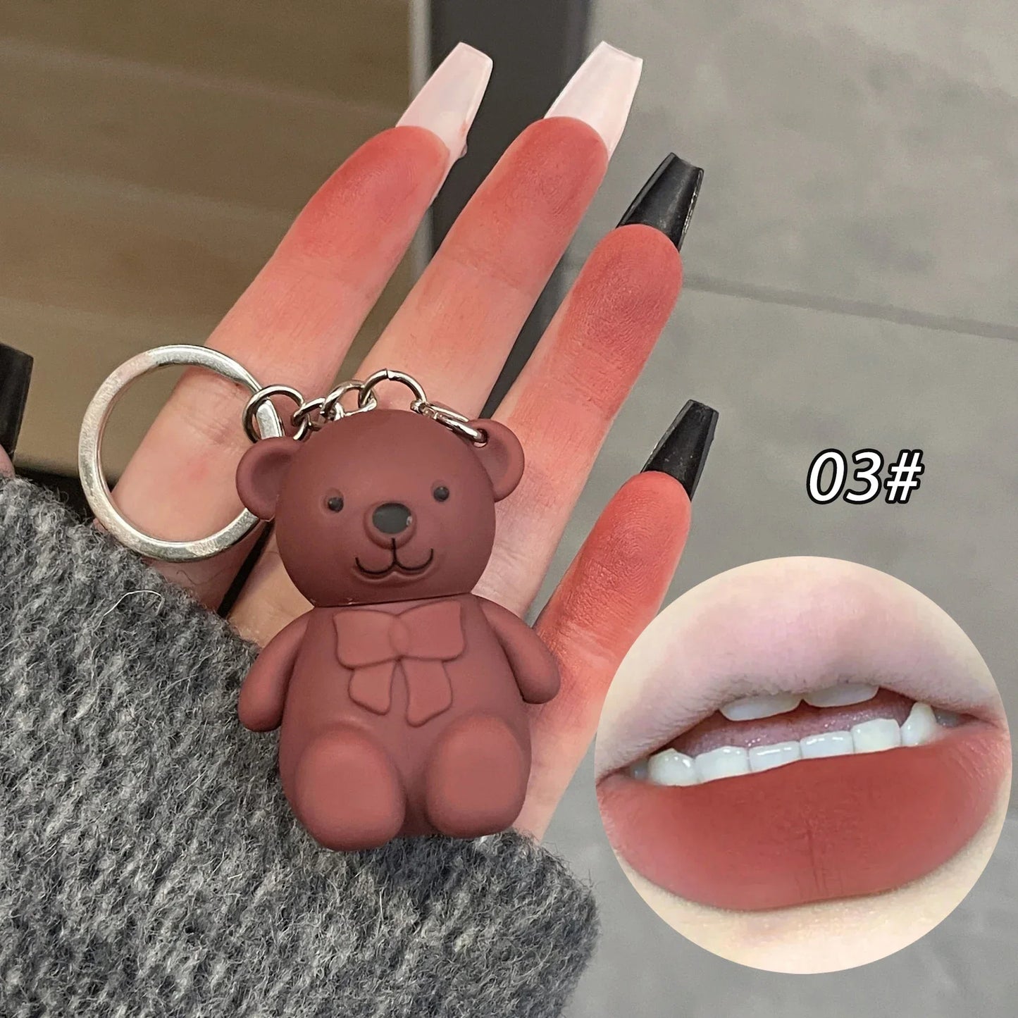 Cute Bear Keychain Matte Lip Mud – Velvet Lip Glaze, Long-Lasting Lip Tint for Women