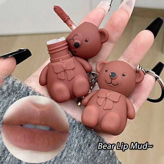 Cute Bear Keychain Matte Lip Mud – Velvet Lip Glaze, Long-Lasting Lip Tint for Women
